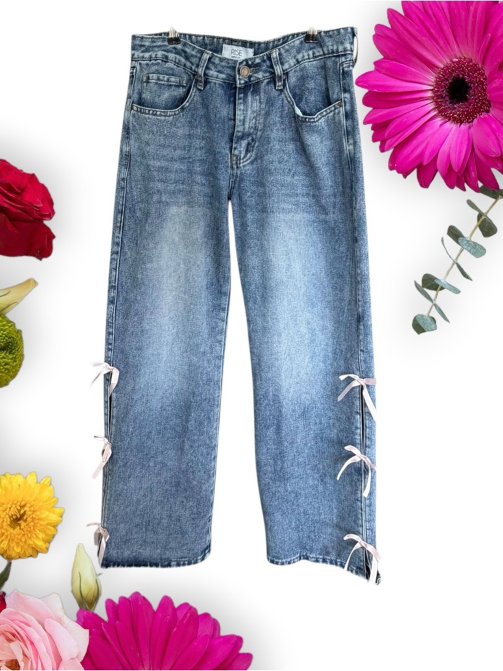 Rise Straight Leg High-Waist Denim-Pants Baggy Jeans with Side Ribbon Acid-Blue